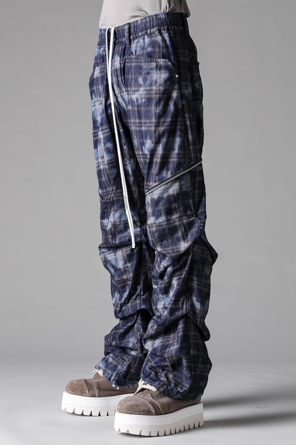 《2027SS先行予約》Check Side Zip Tuck Baggy Pants"Navy Check" / チェックサイドジップタックバギーパンツ"ネイビーチェック"