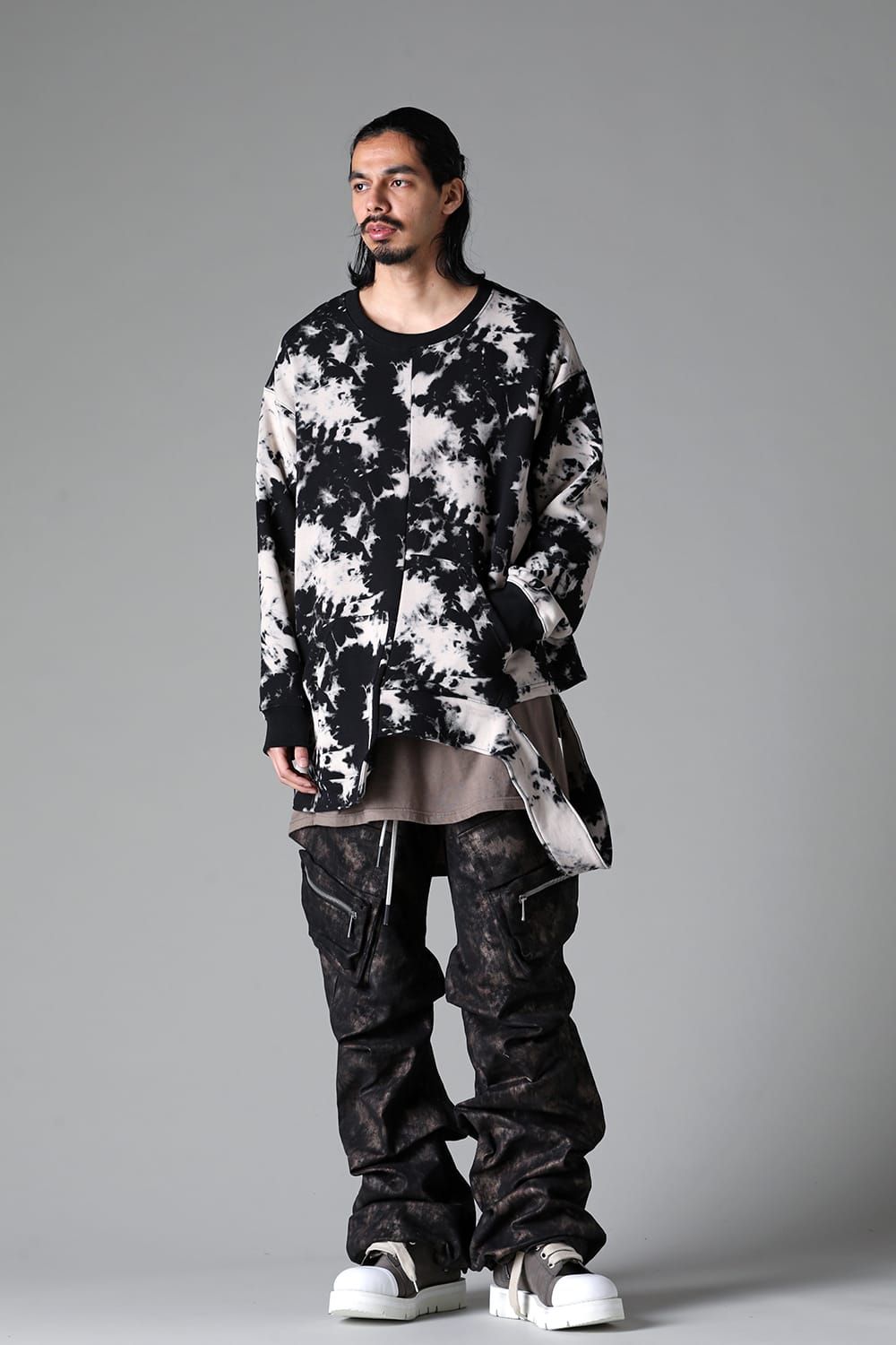 《2025AW先行予約》Discharge Pinting Asymmetry Crew Neck Top"Black×Ivory" /ディスチャージプリントアシンメトリークルーネックトップ"ブラック×アイボリー"