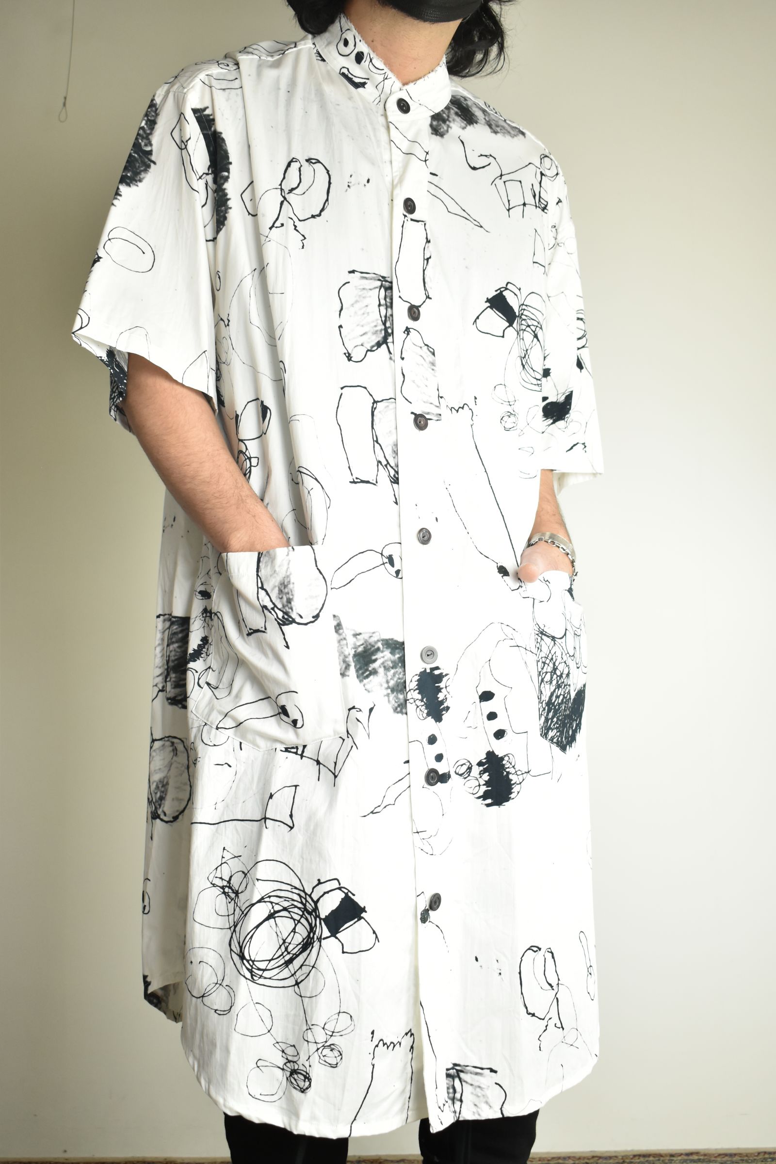 Cotton Twill Ink Jet Short-Sleeved Big Shirt&Dress"White Black" / コットンツイルインクジェット半袖ビッグシャツ / ワンピース"ホワイト ブラック"