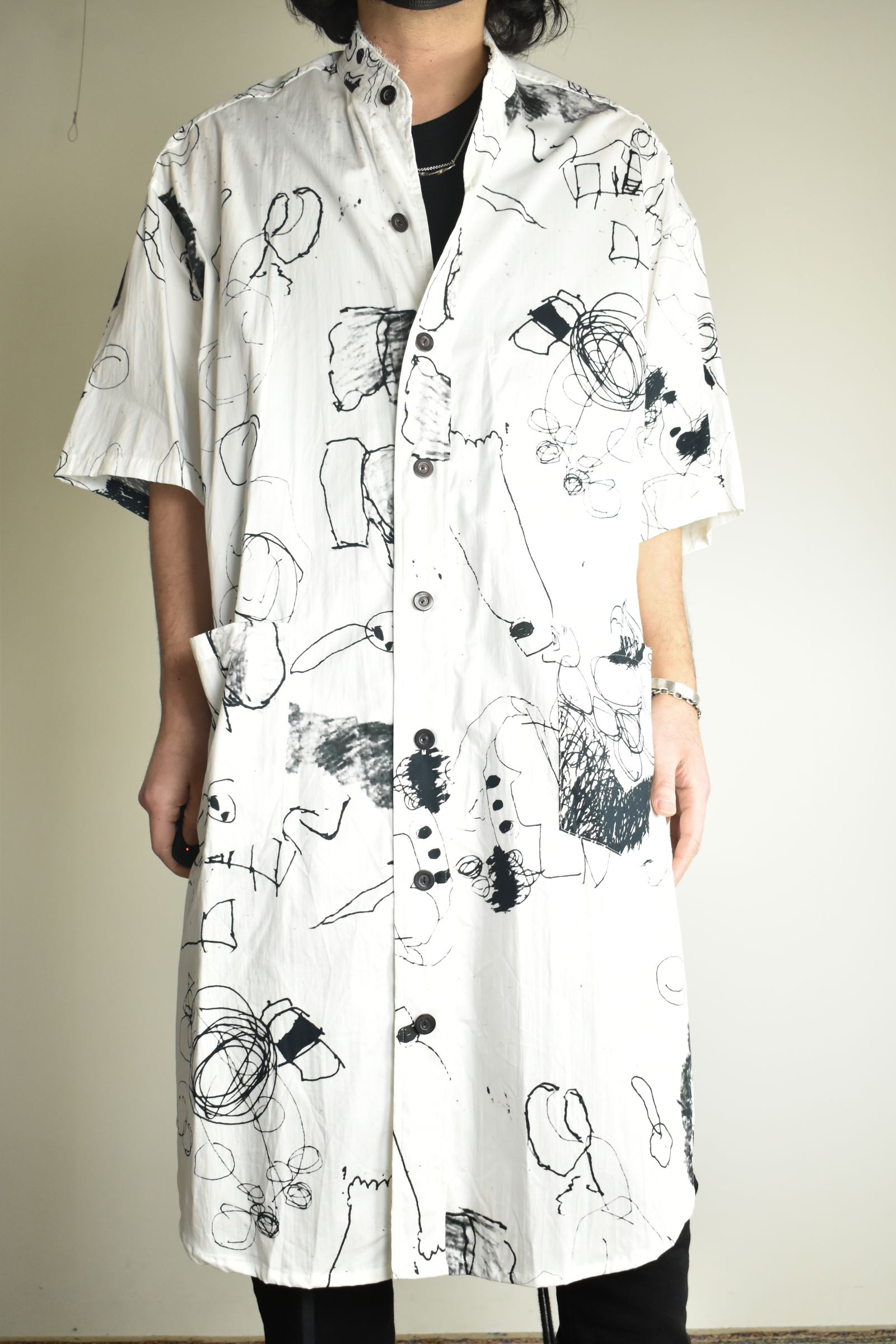 Cotton Twill Ink Jet Short-Sleeved Big Shirt&Dress"White Black" / コットンツイルインクジェット半袖ビッグシャツ / ワンピース"ホワイト ブラック"