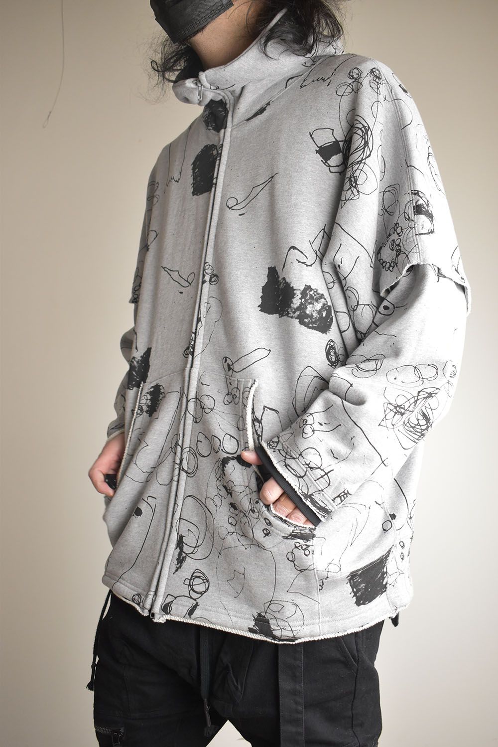 Sweat Oversize Print Zip Up Hoodie"Grey" / スウェットオーバーサイズプリントジップアップパーカ"グレー"