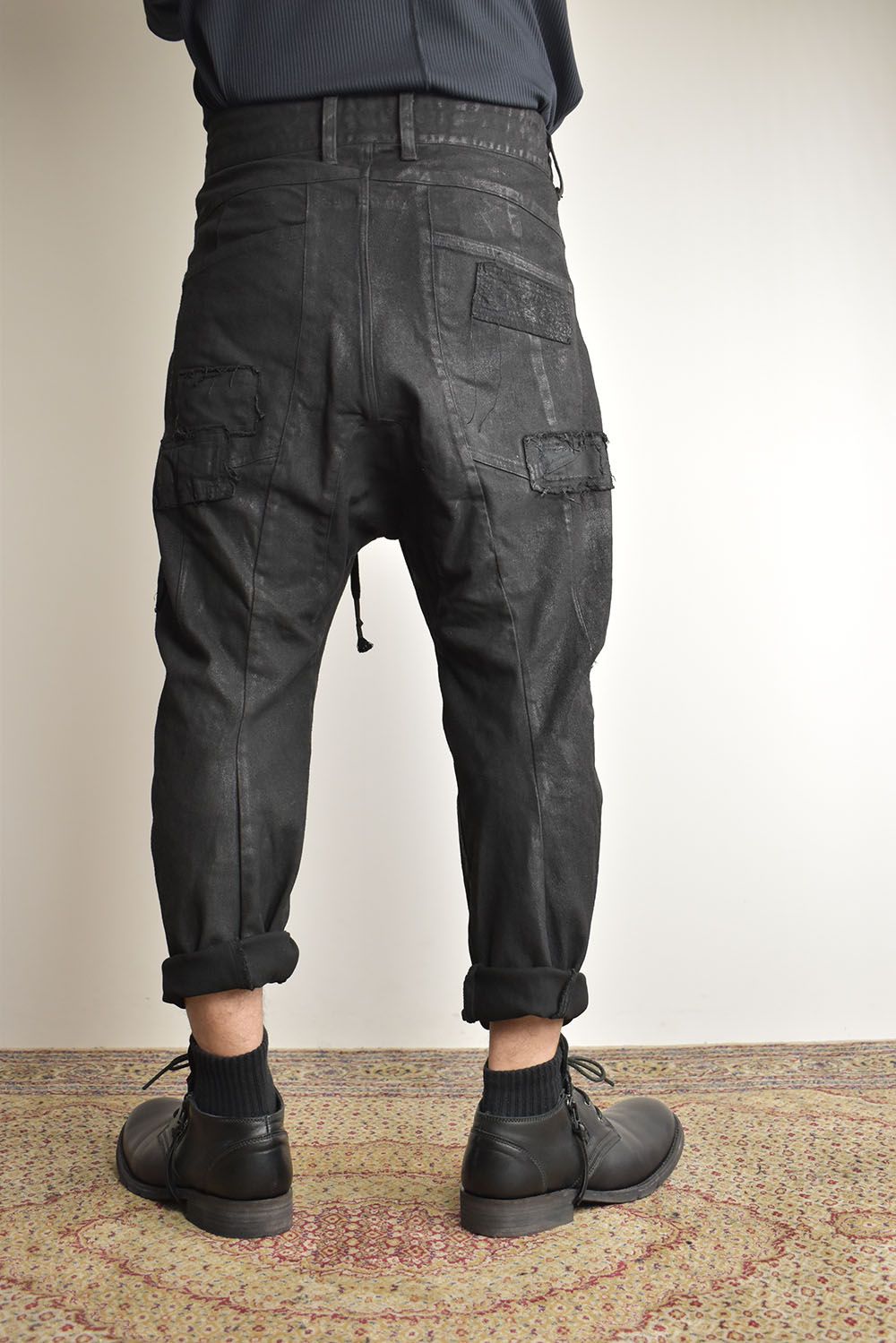 Product Coating Stretch Denim Damage Repair Cropped Pants “Black / 製品コーティングストレッチデニムダメージリペアクロップドパンツ"ブラック"