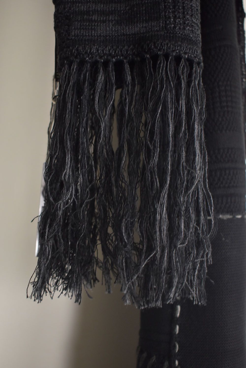 Cotton Cashmere Crust Patch Knit Long Stole "Charcoal x Black" / コットンカシミヤクラストパッチニットロングストール"チャコール×ブラック"