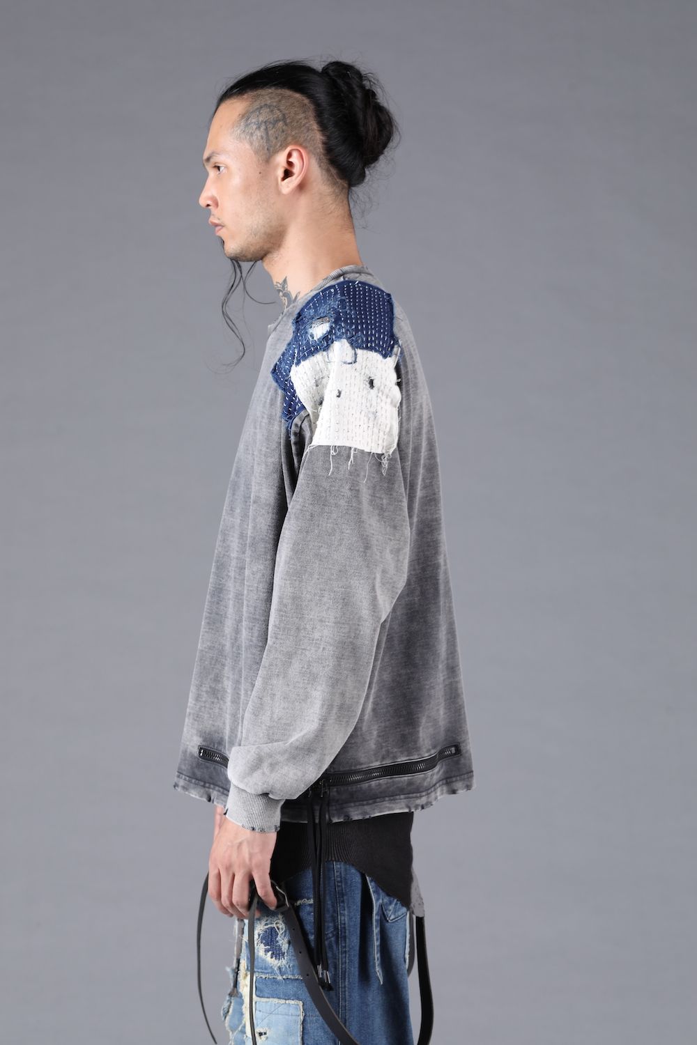 Damage Patch Open High Gauge Long Sleeve Tee"Charcoal" ダメージパッチジップオープンハイゲージロングスリーブTシャツ"チャコール"