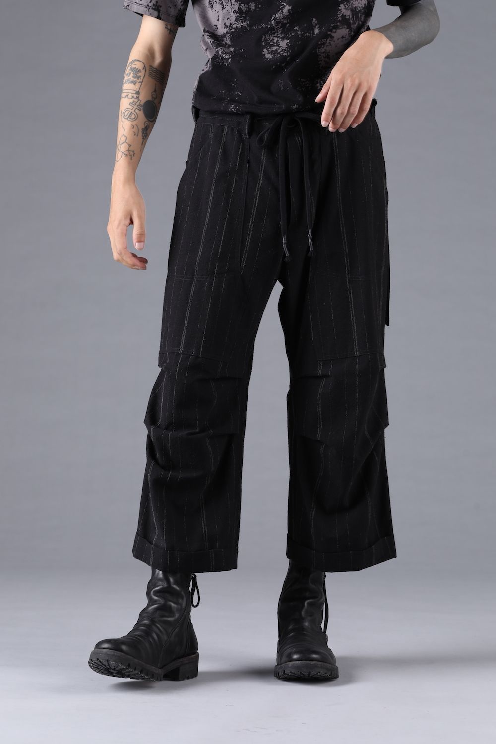 Faded Random Stripe Wide Cropped Pants"Black" / フェードランダムストライプワイドクロップドパンツ"ブラック"