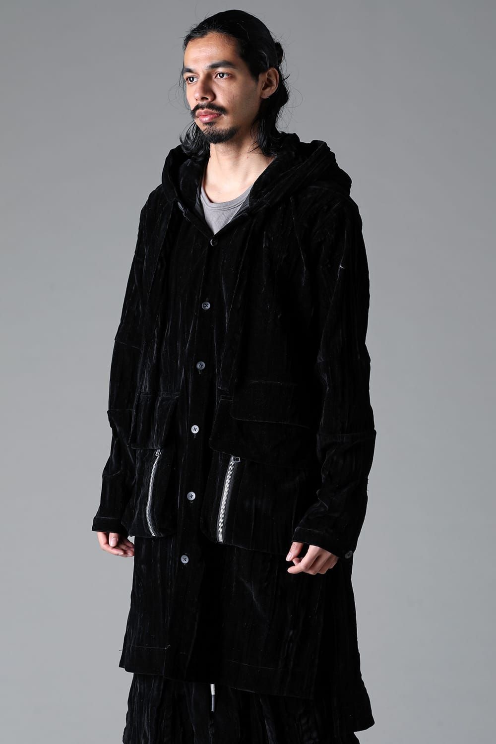 《2025AW先行予約》Washer Velour Hooded Long Jacket"Black" / ワッシャーベロアフーデッドロングジャケット"ブラック"