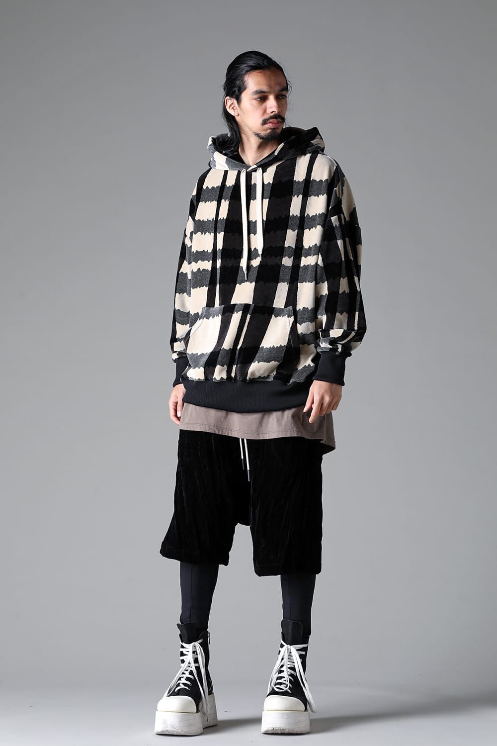 《2025AW先行予約》Checked Pattern Hooded Top"Black×Grey×Ivory" / チェックパターンフーデッドトップ"ブラック×グレー×アイボリー"