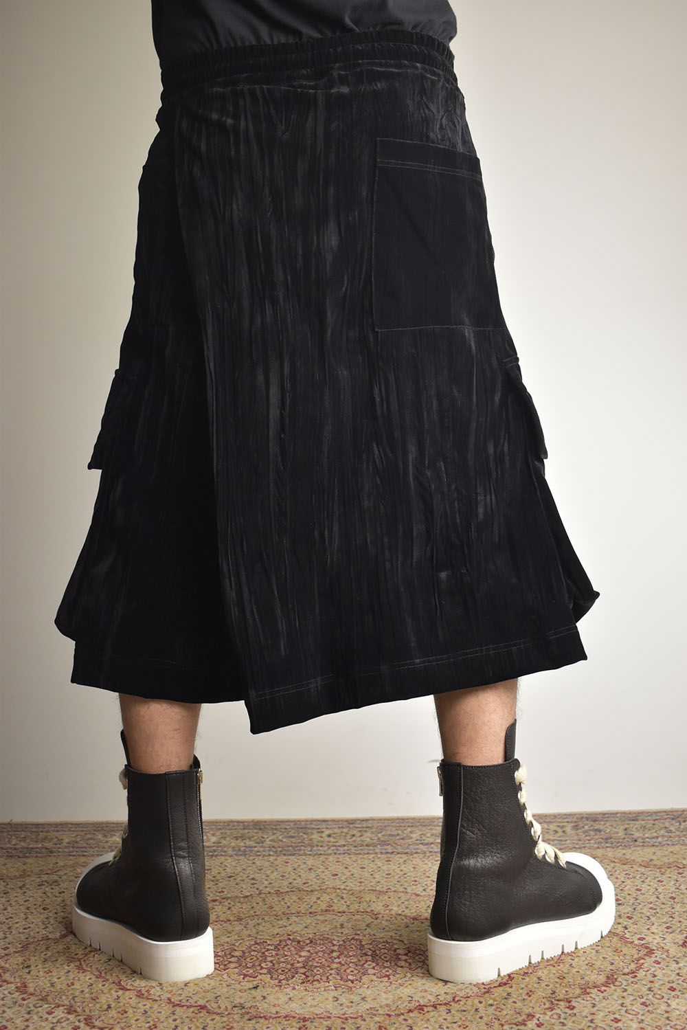 Washer Velour Wrap Skirt Pants"Black" / ワッシャーベロアラップスカートパンツ"ブラック"