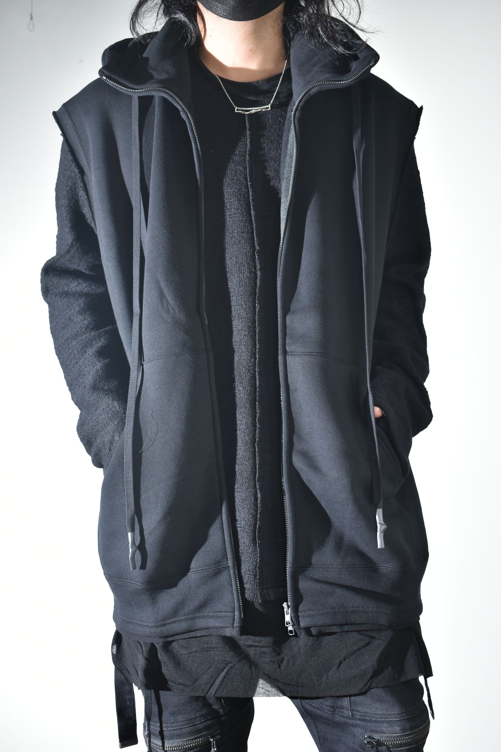 Over Size Sleeve Less Zip Up Parker"Black" / オーバーサイズスリーブレスジップアップパーカー"ブラック"