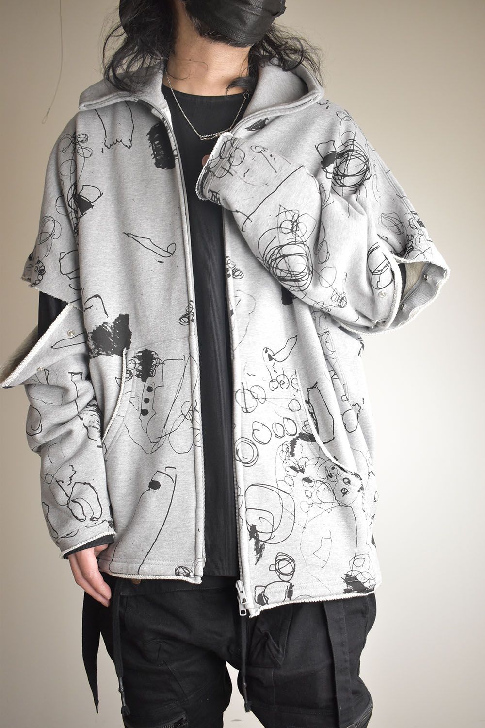 Sweat Oversize Print Zip Up Hoodie"Grey" / スウェットオーバーサイズプリントジップアップパーカ"グレー"