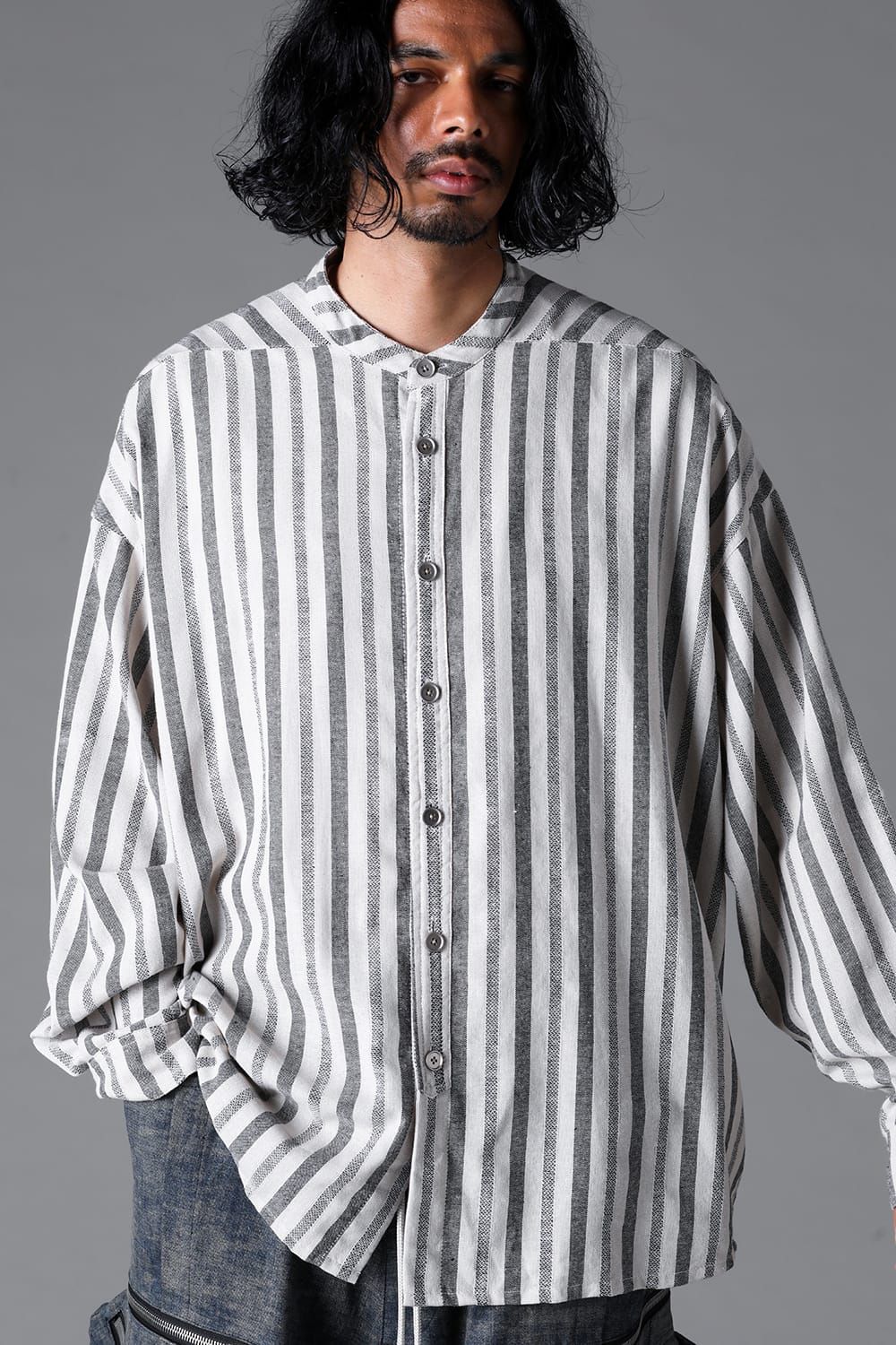 《2026SS先行予約》Vertical Stripes Stand Collar Shirts "Cream×L.Grey" / バーティカルストライプスタンドカラーシャツ"クリーム×グレー"