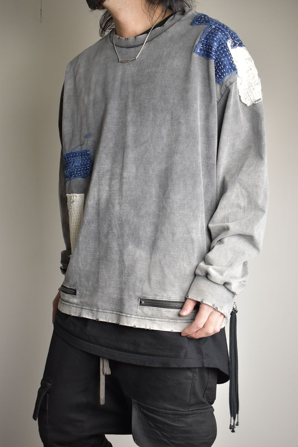 Damage Patch Open High Gauge Long Sleeve Tee"Charcoal" ダメージパッチジップオープンハイゲージロングスリーブTシャツ"チャコール"