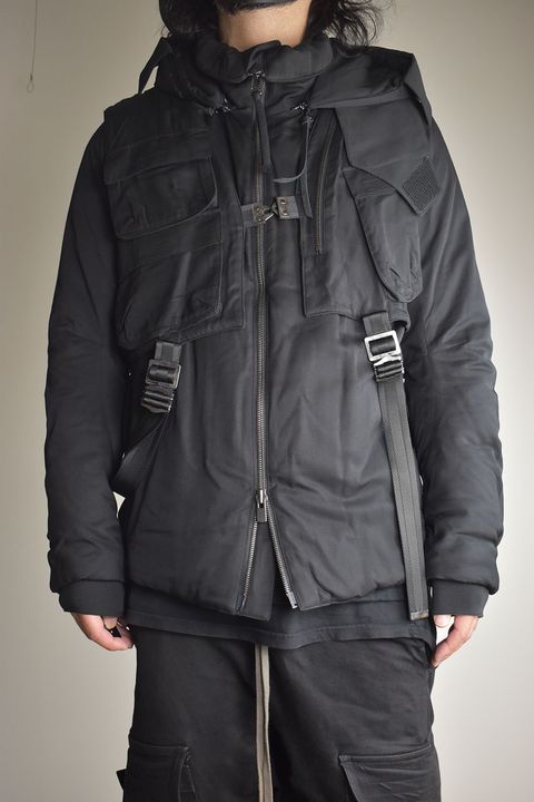 Rayon Twill Vest Hooded Down Jacket "Black" / レーヨンツイルベスト/フードアタッチドダウンジャケット"ブラック"