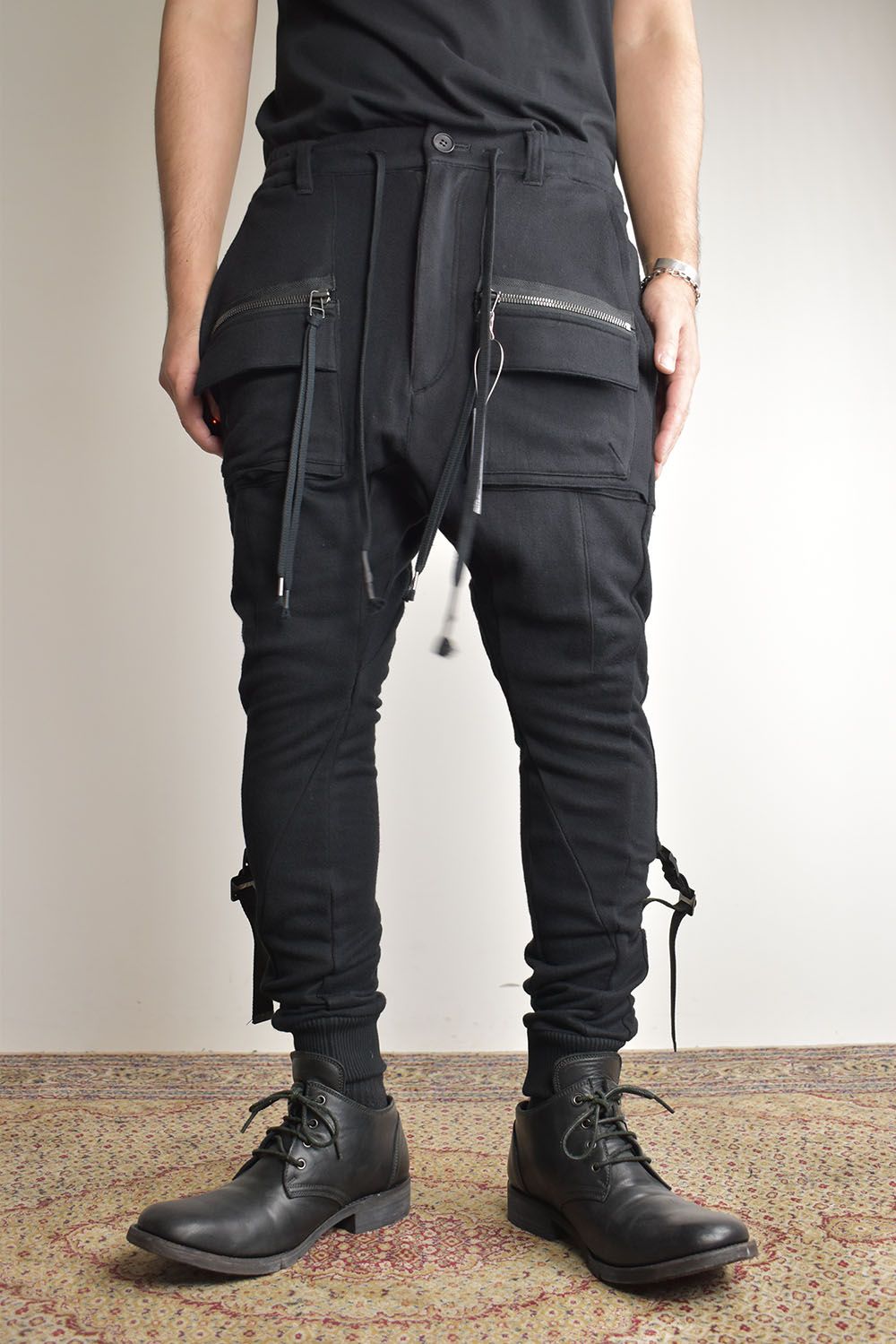 Non-ply Yarn Lined Belt Adjustable Crotch Jog Pants "Black" / 無撚糸裏毛ベルトアジャストロークロッチジョグパンツ"ブラック"