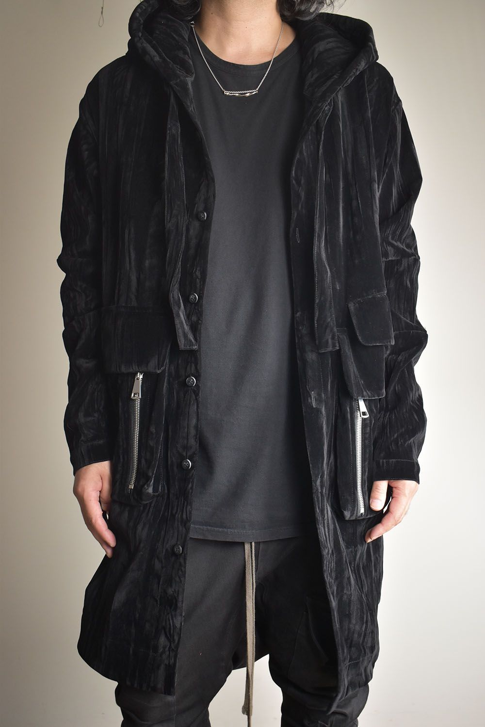 Washer Velour Hooded Long Jacket"Black" / ワッシャーベロアフーデッドロングジャケット"ブラック"