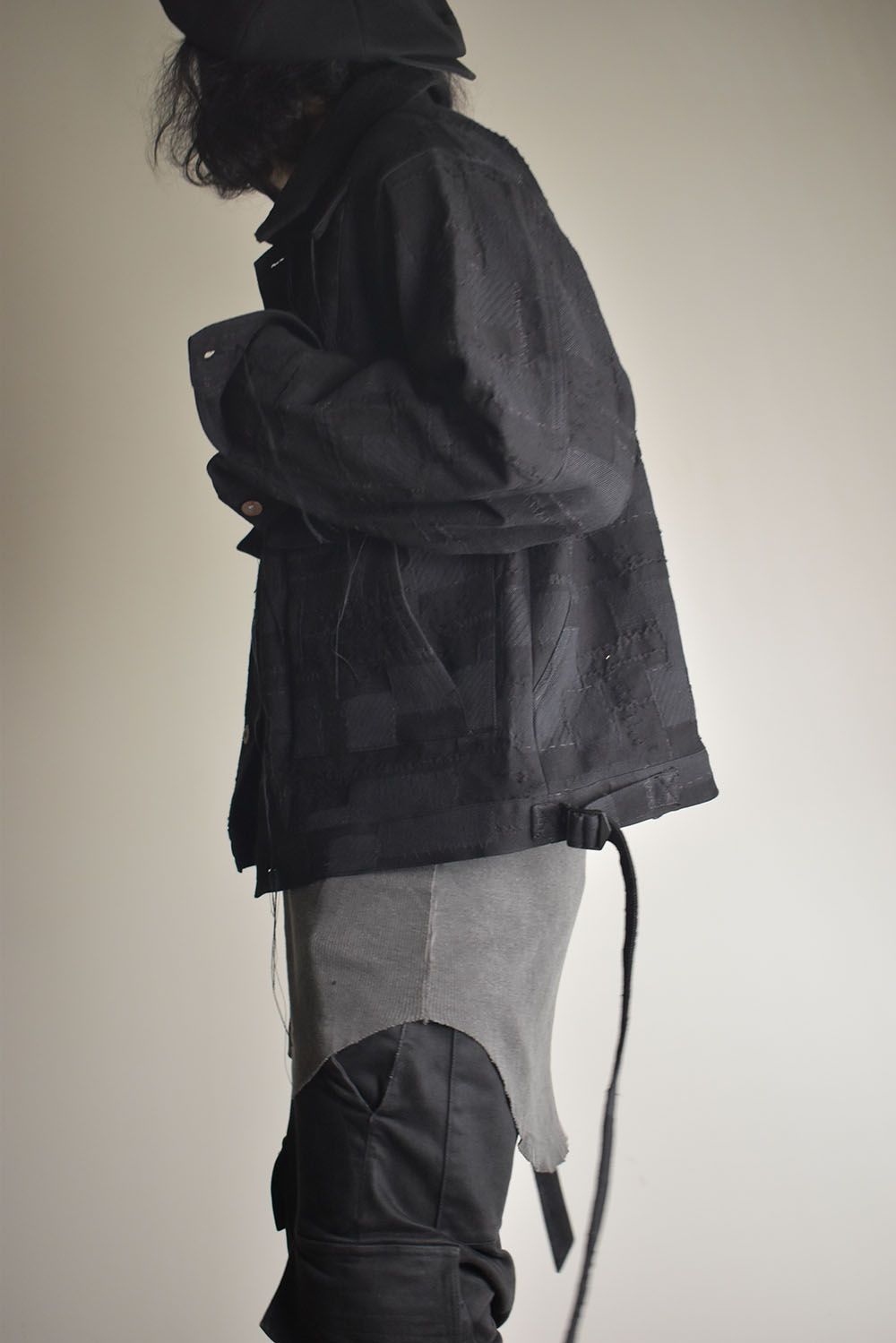 Crust Patchwork Jacquard Hood Attached Jacket "Black" / クラストパッチワークジャガードフードアタッチドジャケット"ブラック"