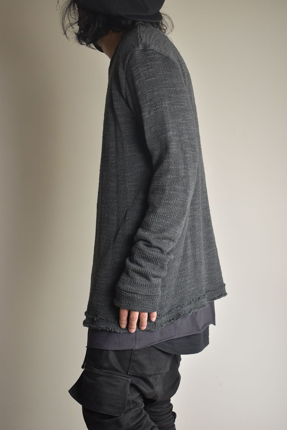 Low-Gauge knit × Cotton Jersey Layered Tee "Charcoal" / ローゲージニット×コットンジャージレイヤードTシャツ"チャコール"