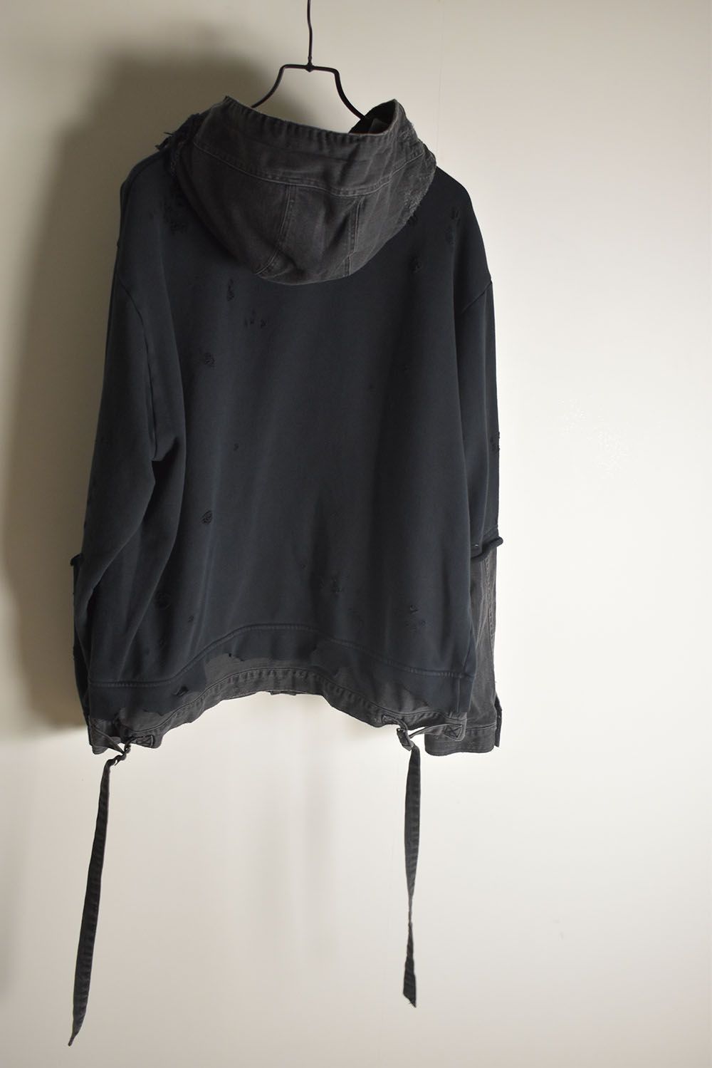 Denim Combination Non-Twisted Yarn Lined Oversized Pullover Hoodie"Black" / デニムコンビネーション無撚糸裏毛オーバーサイズプルオーバーフーディー"ブラック"