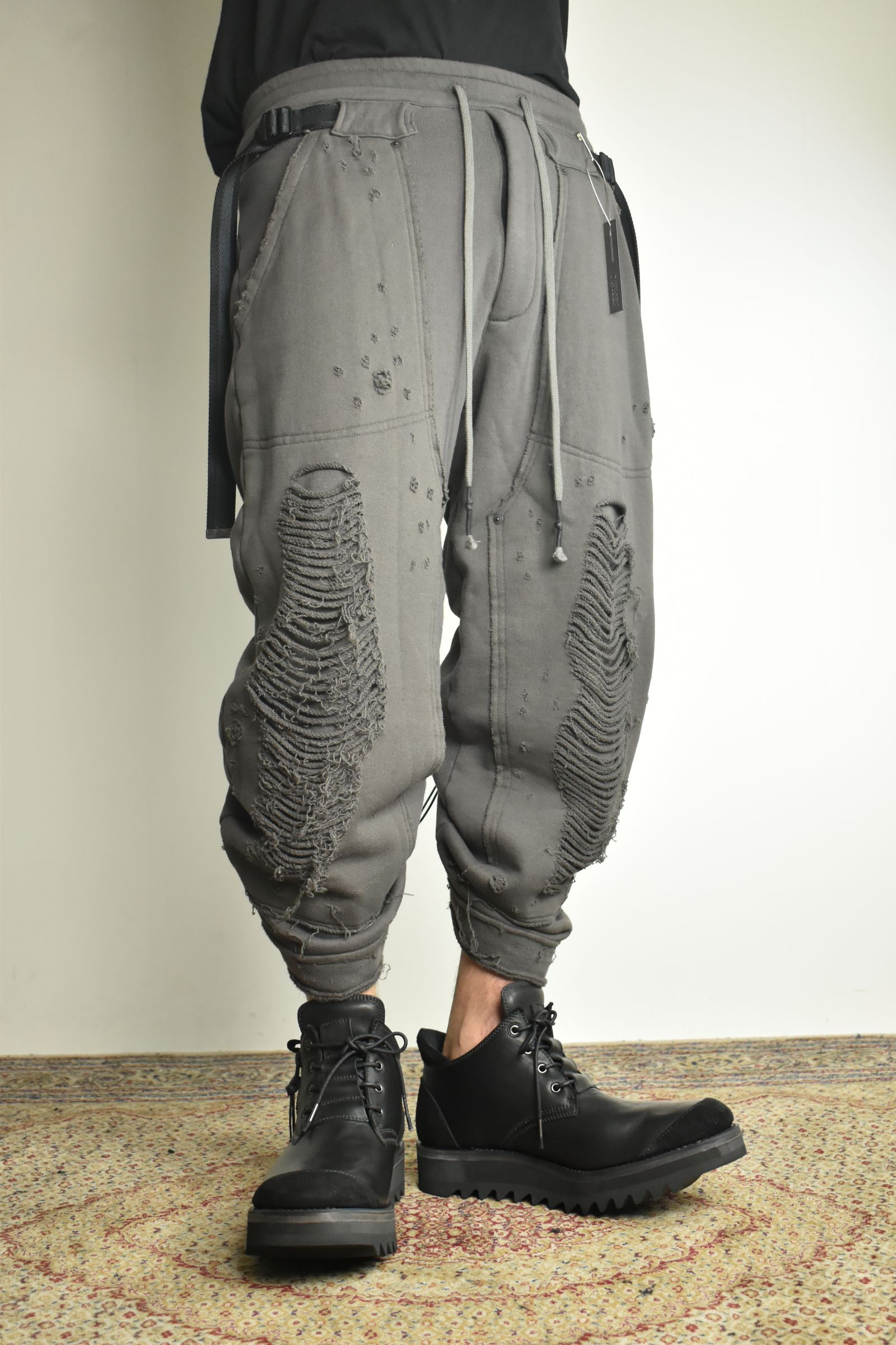 Untwisted Yarn Fleece Shotgun Wide Cropped Pants"Charcoal" / 無撚糸裏毛ショットガンワイドクロップドパンツ"チャコール"