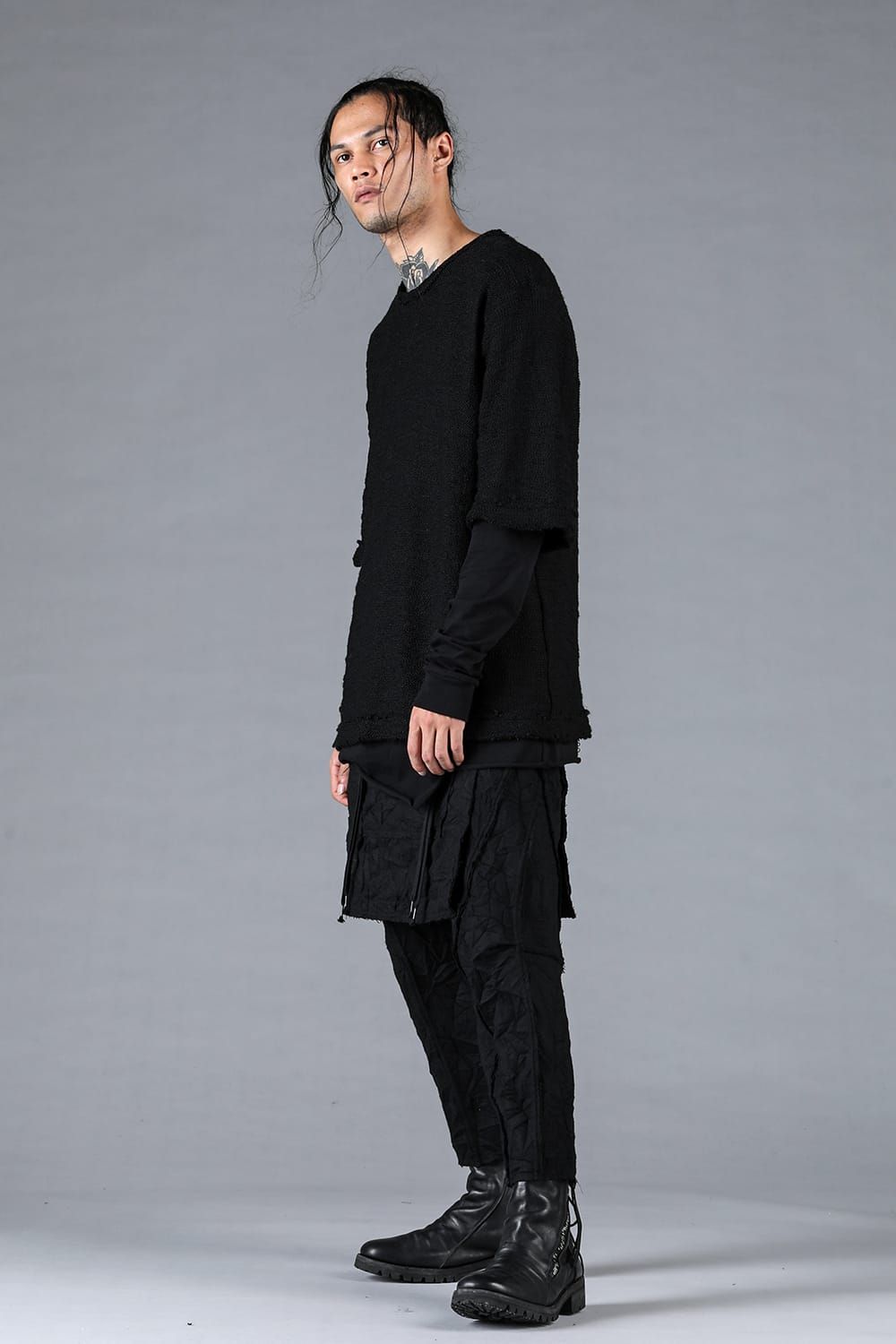 Low Gauge Knit and Cotton Jersey Layered T-Shirt "Black" / ローゲージニット×コットンジャージレイヤードTシャツ"ブラック"