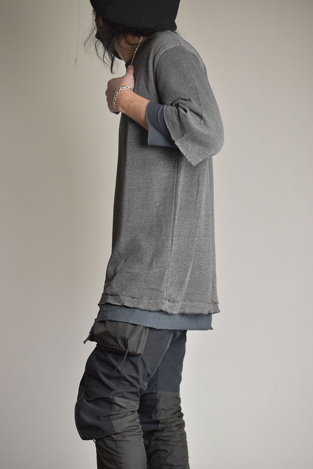 Washi×Rayon Knit Layered Tee"Charcoal"/和紙×レーヨンニットレイヤードTシャツ"チャコール"