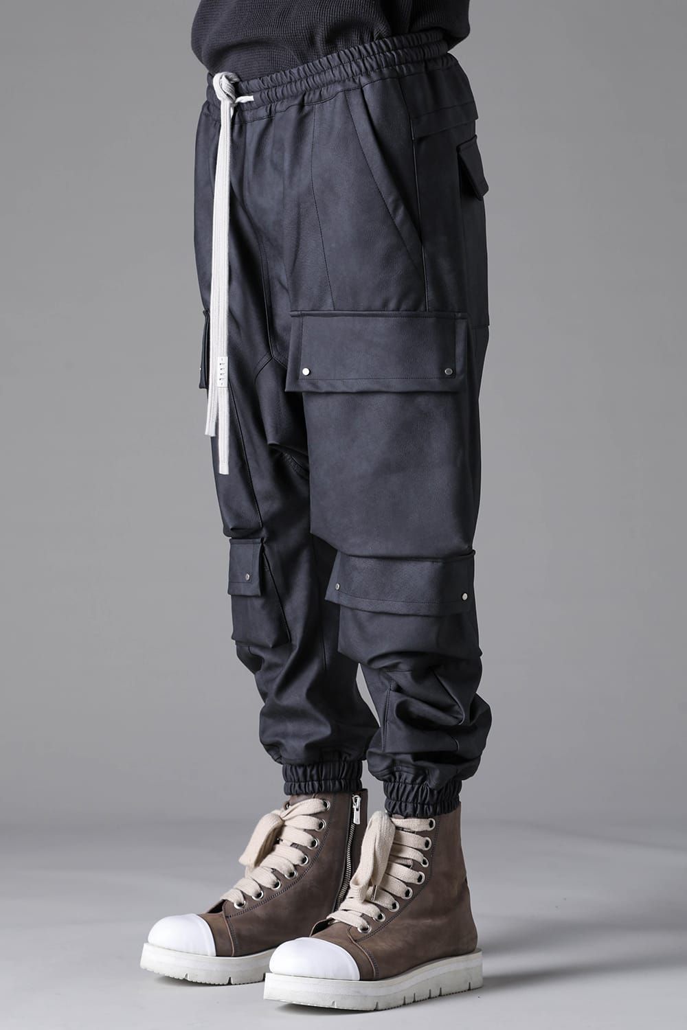 《2026AW先行予約》Vegan Leather Military Sarrouel Easy Pants"Smoke Black / Khaki" / ヴィーガンレザーミリタリーサルエルイージーパンツ"スモークブラック / カーキ"