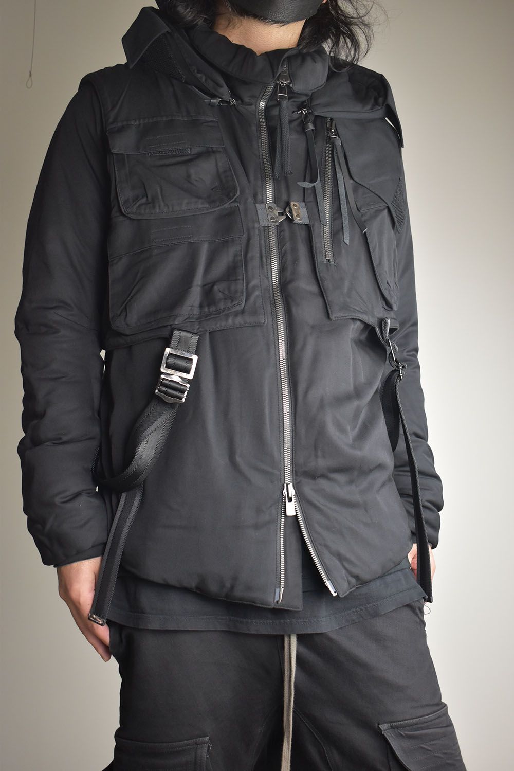 Rayon Twill Vest Hooded Down Jacket "Black" / レーヨンツイルベスト/フードアタッチドダウンジャケット"ブラック"
