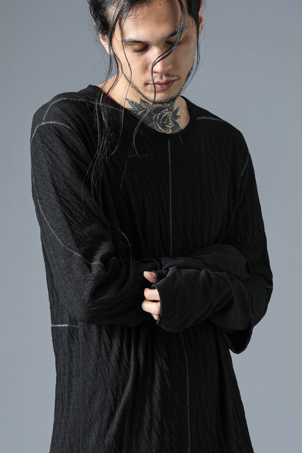 Wool×Cotton Double Face Layered Globe Sleeve Tee"Black/"ウール×コットンダブルフェイスレイヤードグローブスリーブTシャツ"ブラック"