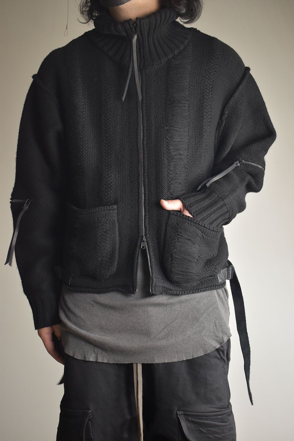 Damage Stripe Knit Cropped Jacket "Black" / ダメージストライプニットクロップドジャケット"ブラック"