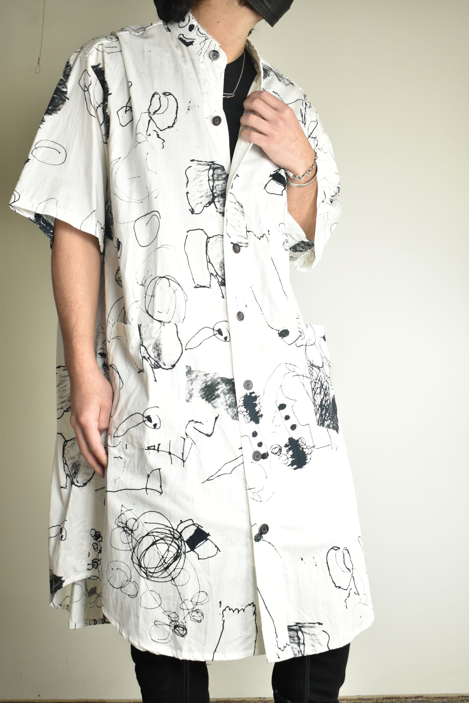Cotton Twill Ink Jet Short-Sleeved Big Shirt&Dress"White Black" / コットンツイルインクジェット半袖ビッグシャツ / ワンピース"ホワイト ブラック"