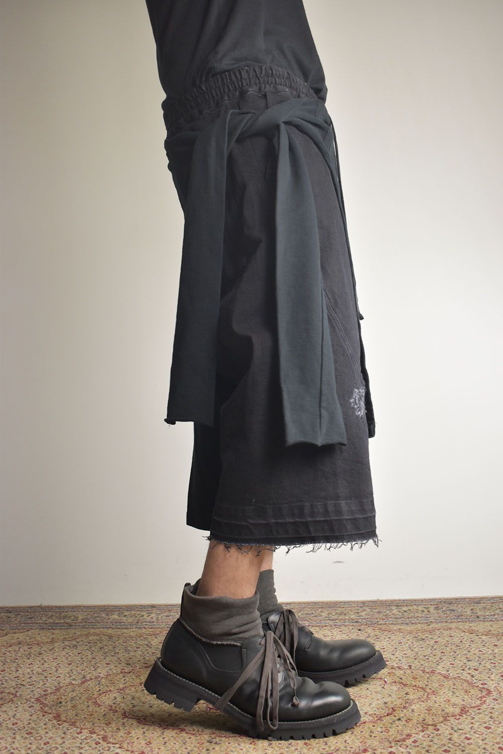 Stretch Denim Distressed Apron Wide Cropped Pants "Black" / ストレッチデニムダメージエプロンワイドクロップドパンツ"ブラック"