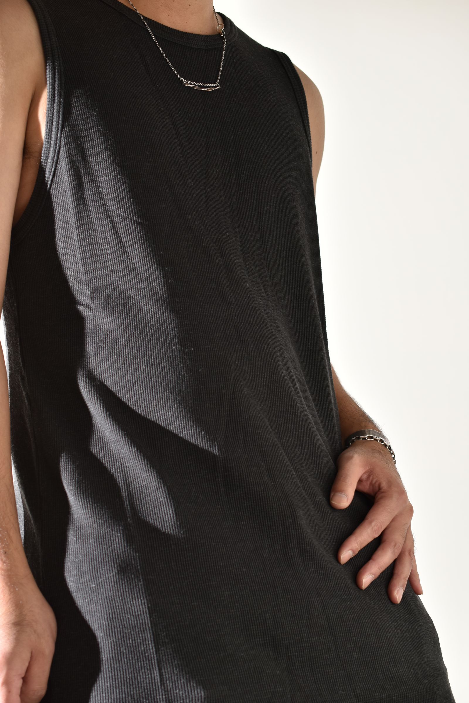 Back Printed Waffle Jersey Long Tank Top"D.Grey" バックプリントワッフルジャージーロングタンクトップ"ダークグレー"