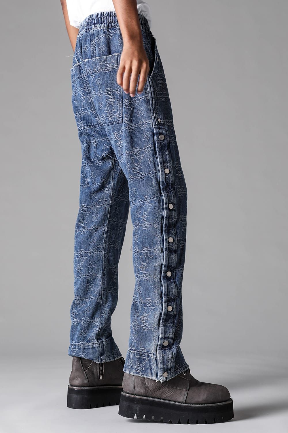 《2027SS先行予約》Jacgurd Denim Sarrouel Flare Pants "Black / Blue" / ジャガードデニムサルエルフレアパンツ"ブラック/ブルー"