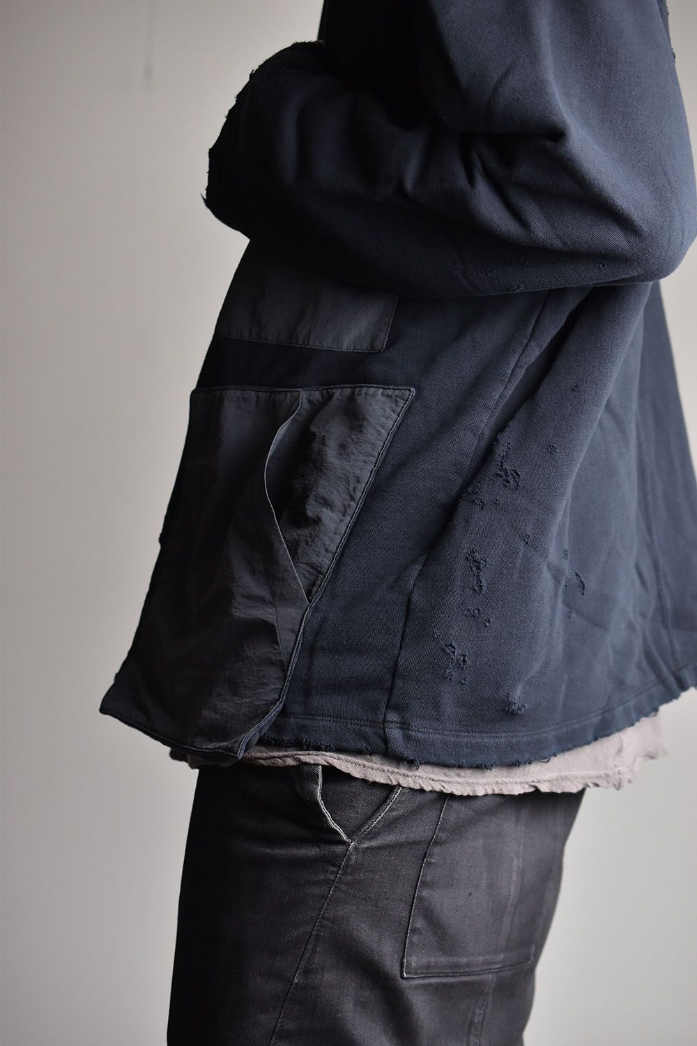 Nylon Combi Damage Sweat Pullover"Black"/ ナイロンコンビダメージスウェットプルオーバー"ブラック"