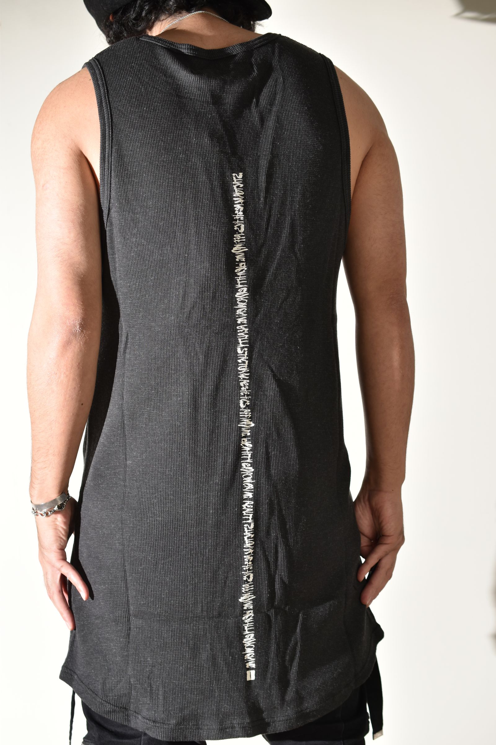 Back Printed Waffle Jersey Long Tank Top"D.Grey" バックプリントワッフルジャージーロングタンクトップ"ダークグレー"