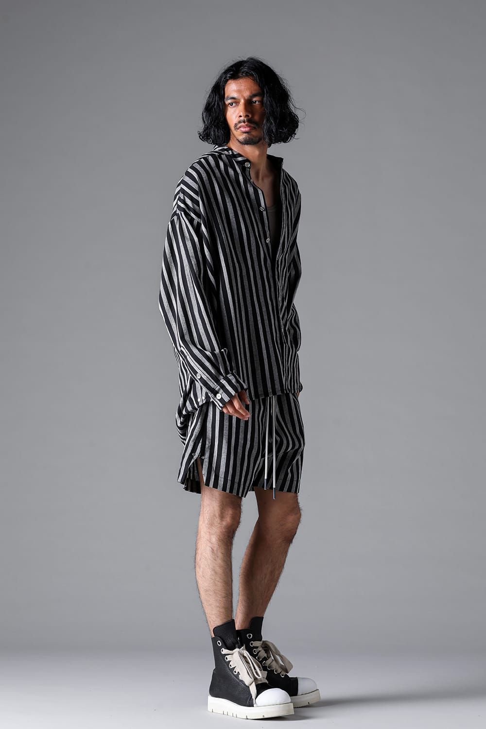 《2026SS先行予約》Vertical Stripes Stand Collar Shirts "Black×L.Grey" / バーティカルストライプスタンドカラーシャツ"ブラック×グレー"