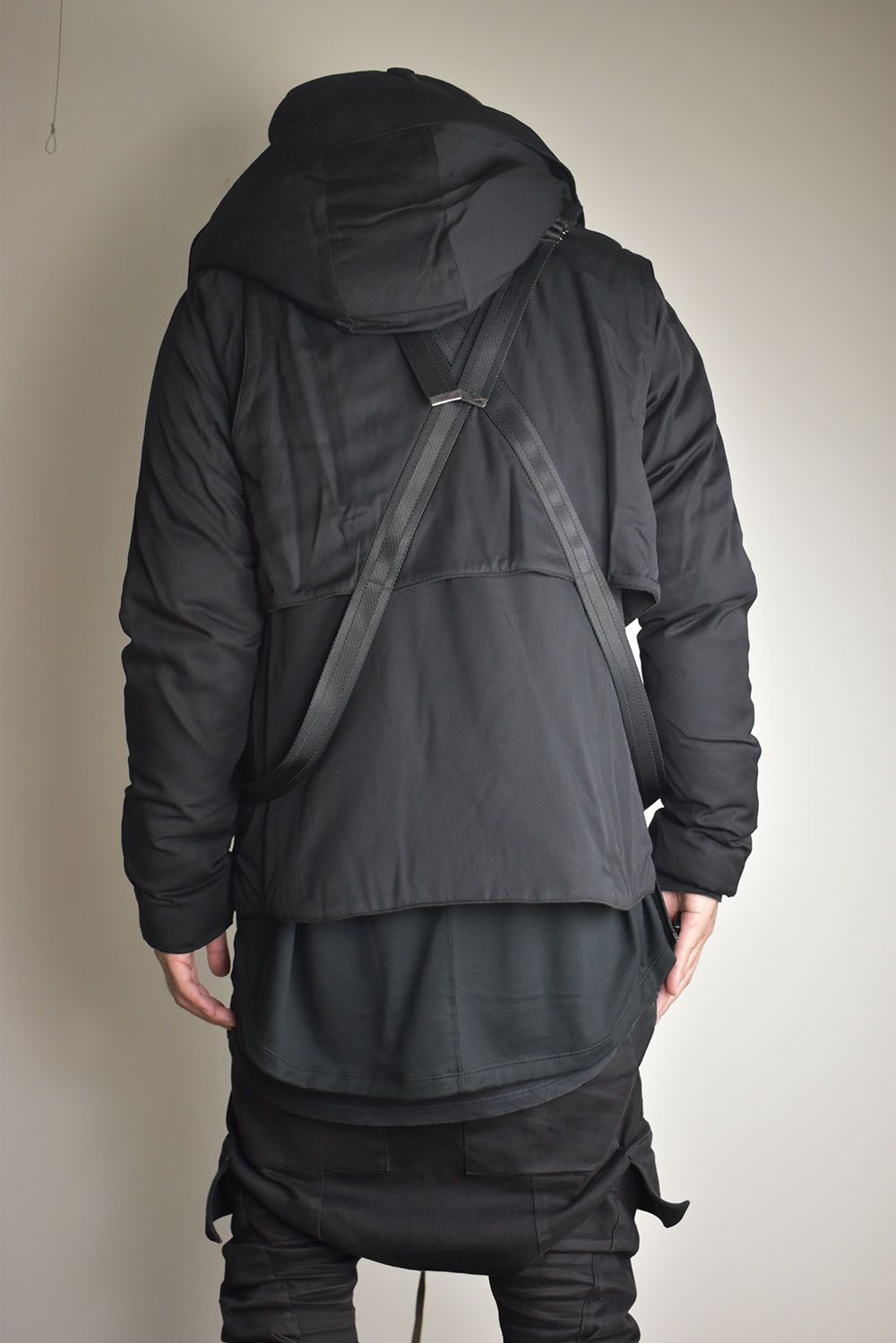 Rayon Twill Vest Hooded Down Jacket "Black" / レーヨンツイルベスト/フードアタッチドダウンジャケット"ブラック"