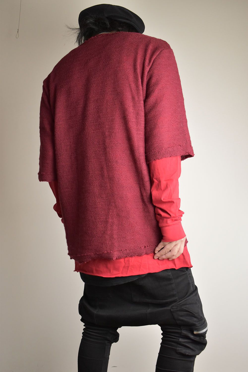 Low Gauge Knit and Cotton Jersey Layered T-Shirt "Red" / ローゲージニット×コットンジャージレイヤードTシャツ"レッド"