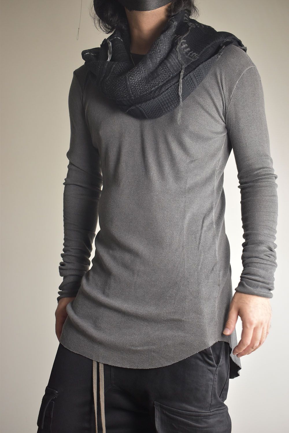 Cotton Cashmere Crust Patch Knit Long Stole "Charcoal x Black" / コットンカシミヤクラストパッチニットロングストール"チャコール×ブラック"