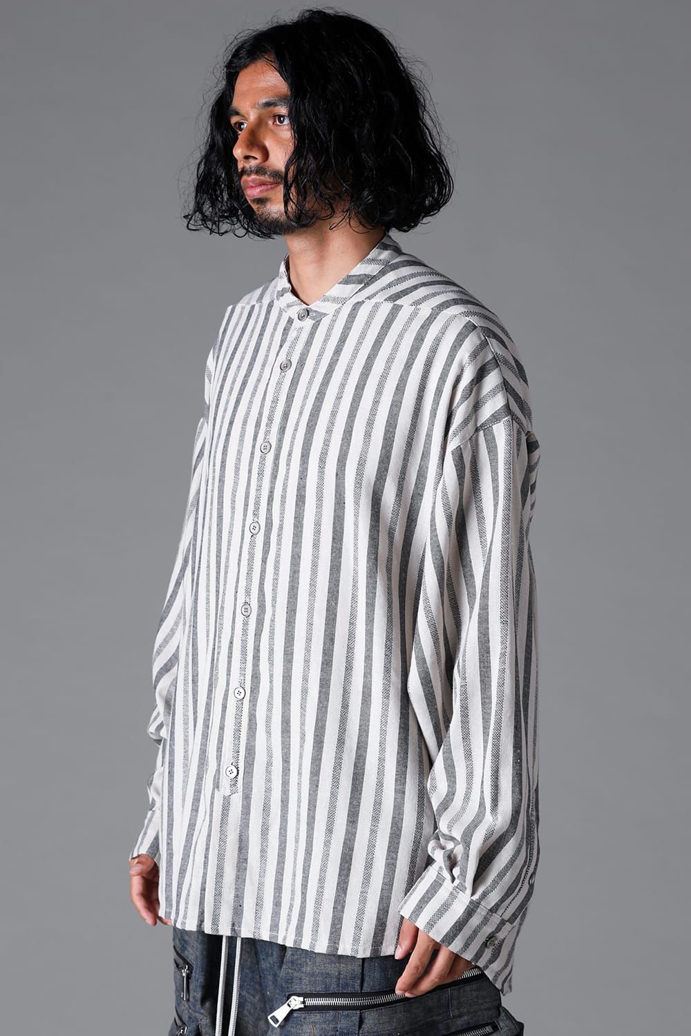 《2026SS先行予約》Vertical Stripes Stand Collar Shirts "Cream×L.Grey" / バーティカルストライプスタンドカラーシャツ"クリーム×グレー"