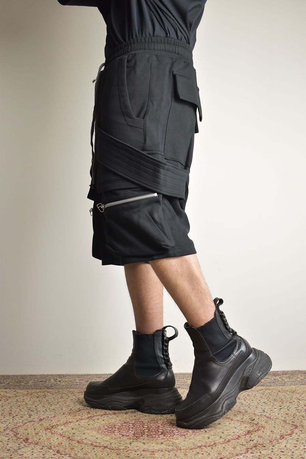 Belt Cargo Sweat Sarouel Shorts"Black" / ベルトカーゴスウェットサルエルショーツ"ブラック"