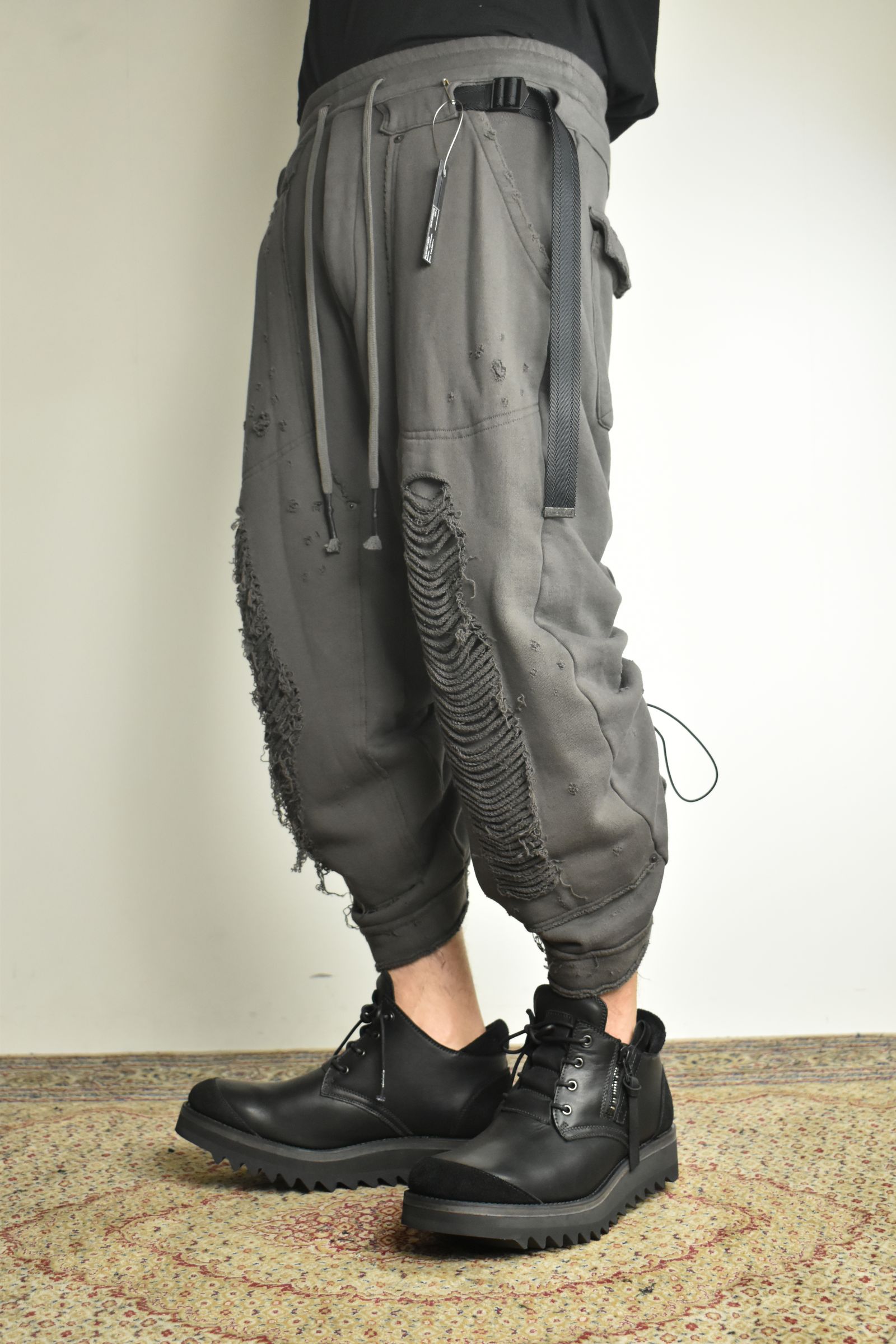 Untwisted Yarn Fleece Shotgun Wide Cropped Pants"Charcoal" / 無撚糸裏毛ショットガンワイドクロップドパンツ"チャコール"