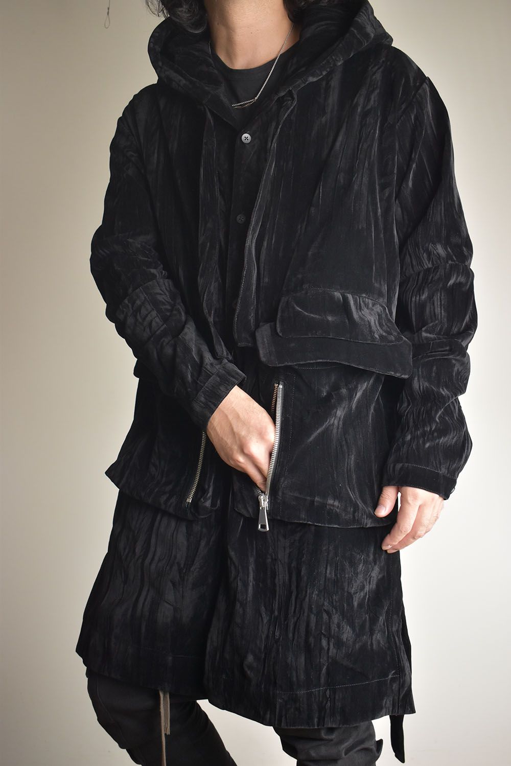 Washer Velour Hooded Long Jacket"Black" / ワッシャーベロアフーデッドロングジャケット"ブラック"