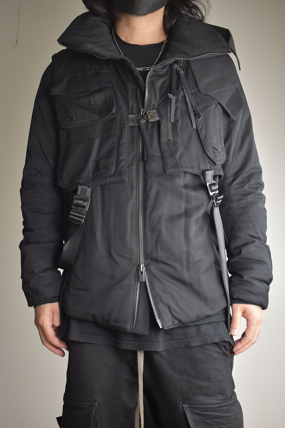 Rayon Twill Vest Hooded Down Jacket "Black" / レーヨンツイルベスト/フードアタッチドダウンジャケット"ブラック"