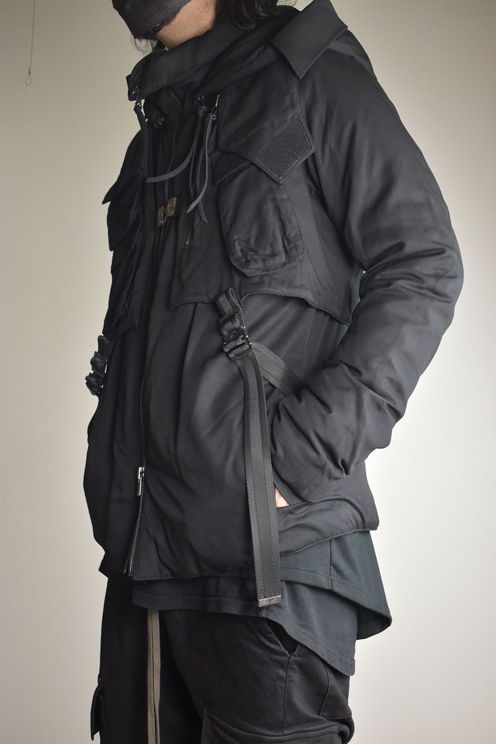 Rayon Twill Vest Hooded Down Jacket "Black" / レーヨンツイルベスト/フードアタッチドダウンジャケット"ブラック"
