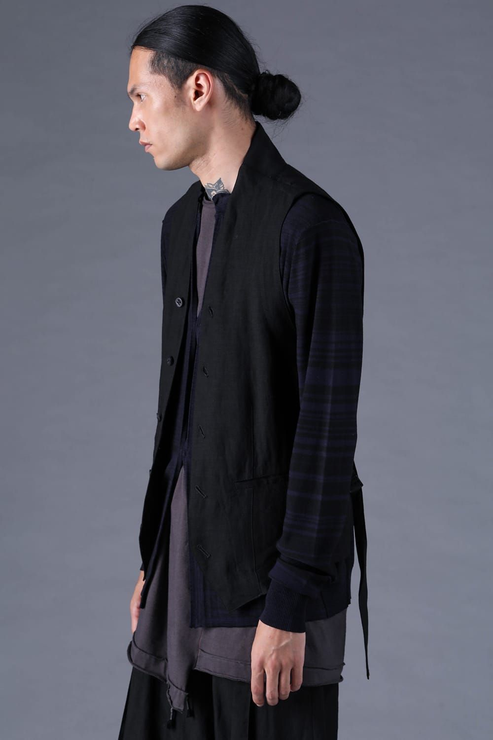 《2027SS先行予約分》Bamboo Linen Shawl-Collar Vest"Black" / バンブーリネンショールカラーベスト"ブラック"