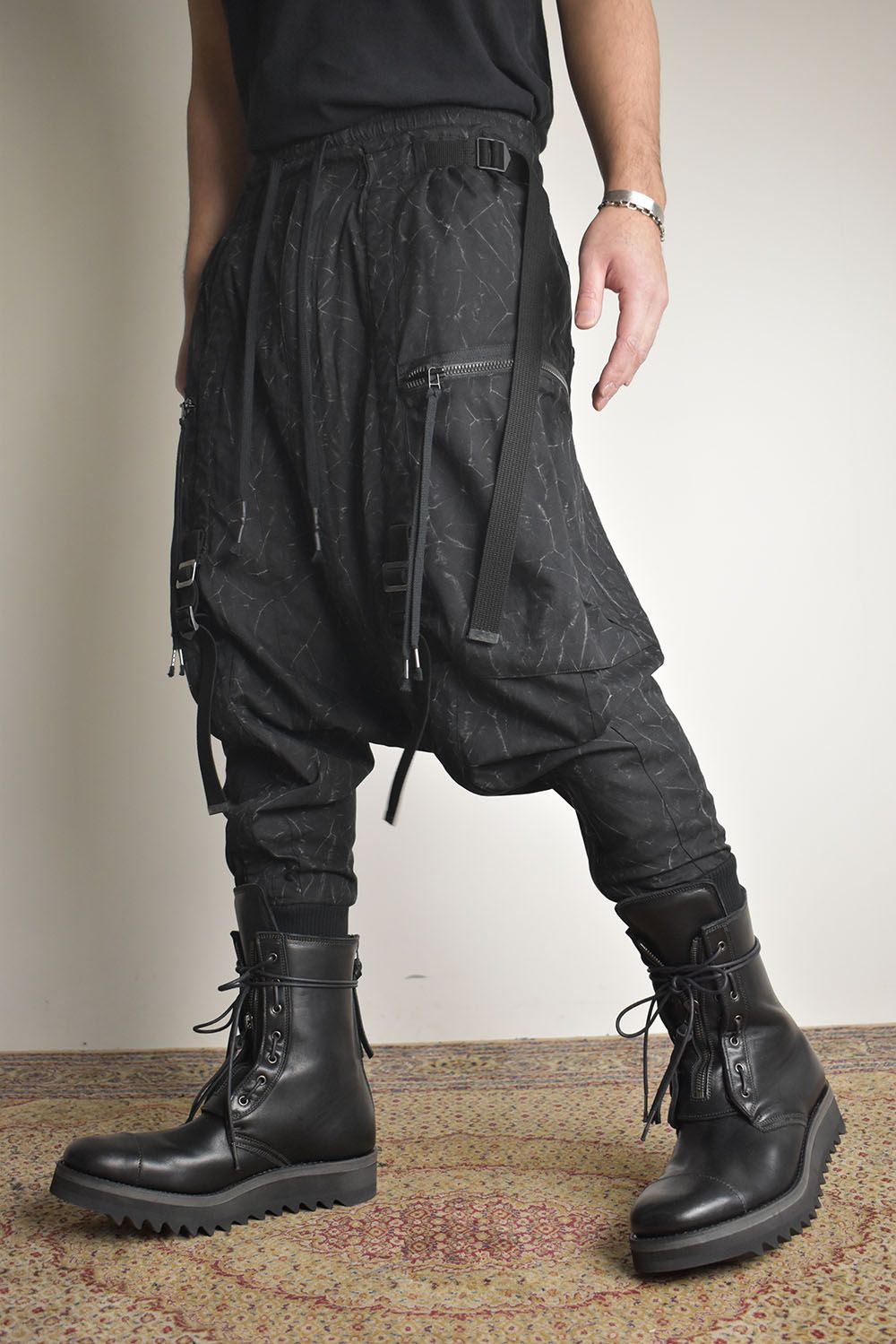 Catch Washer Bleach Belt Adjustable Sarouel Cargo Pants"Black" / キャッチワッシャーブリーチベルトアジャスタブルサルエルカーゴパンツ"ブラック"