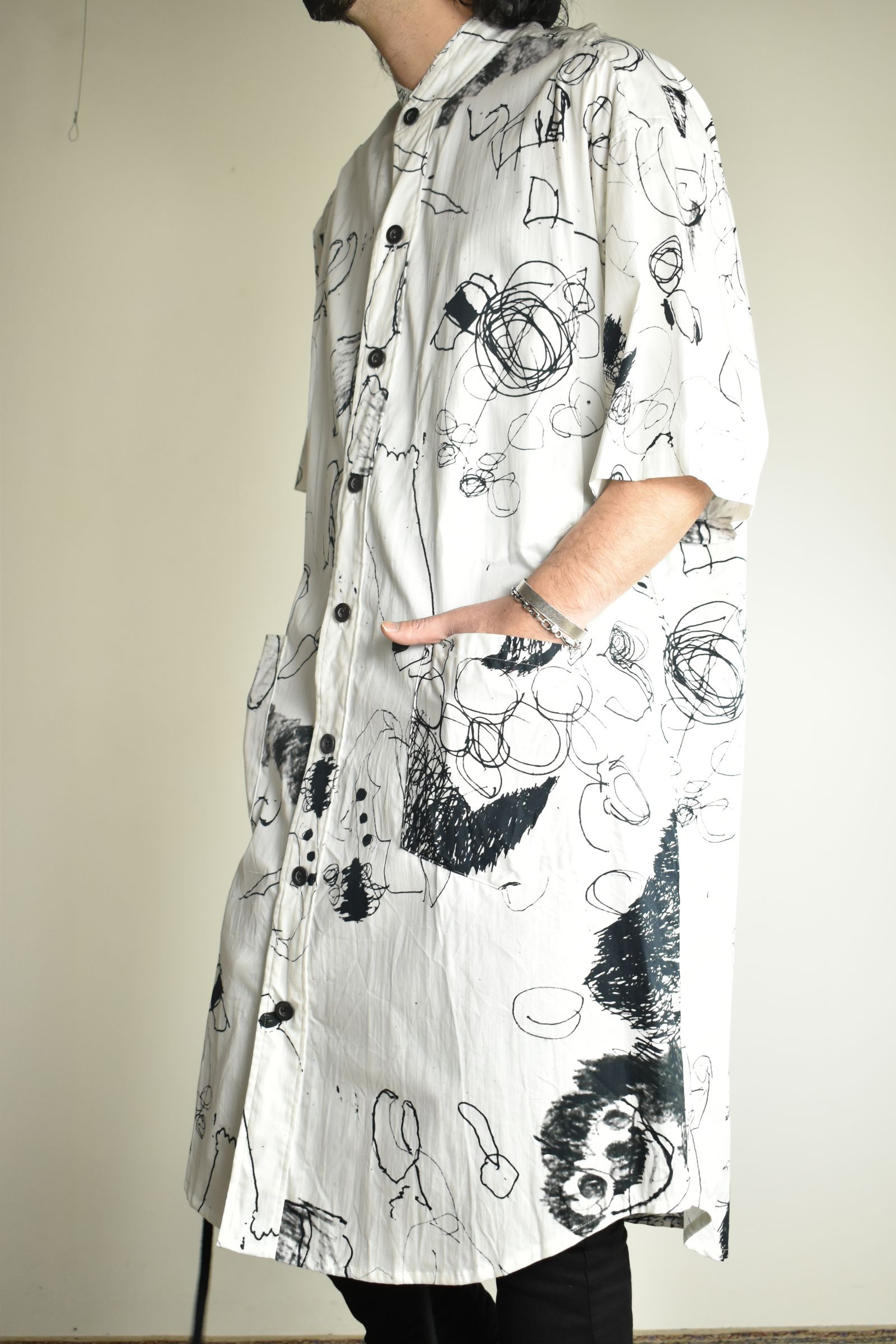 Cotton Twill Ink Jet Short-Sleeved Big Shirt&Dress"White Black" / コットンツイルインクジェット半袖ビッグシャツ / ワンピース"ホワイト ブラック"