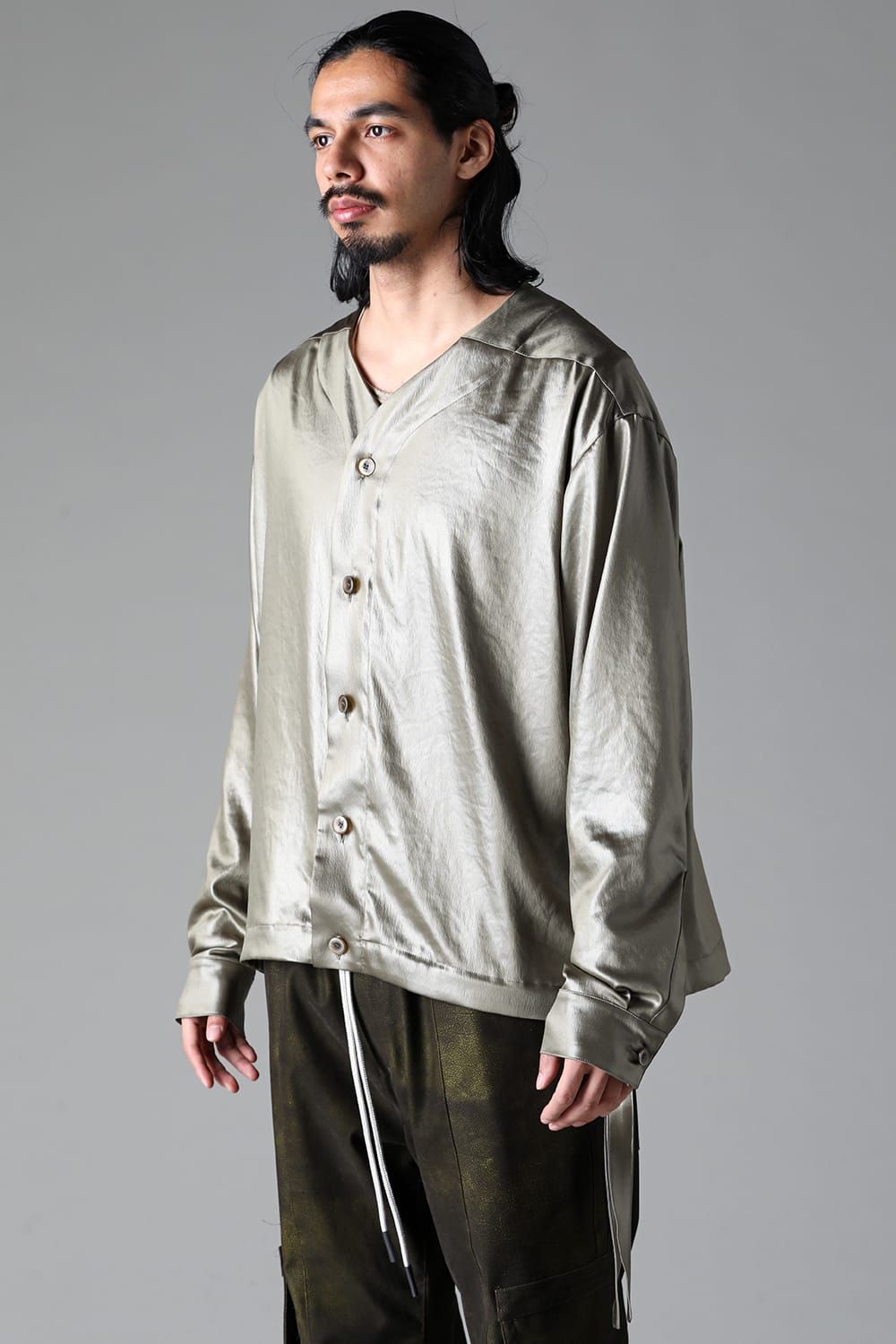 《2025AW先行予約》Chintz Satin Collarless Shirts"Black/Khaki/L.Grey/D.Grey"/チンツサテンカラーレスシャツ"ブラック/カーキ/ライトグレー/ダークグレー"