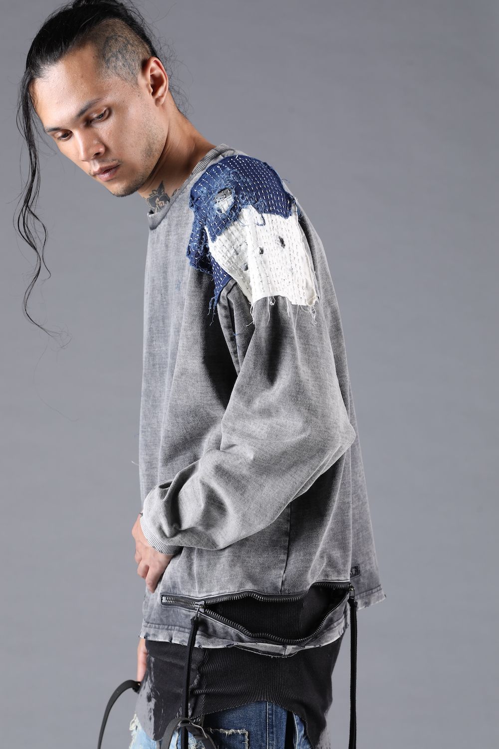 Damage Patch Open High Gauge Long Sleeve Tee"Charcoal" ダメージパッチジップオープンハイゲージロングスリーブTシャツ"チャコール"